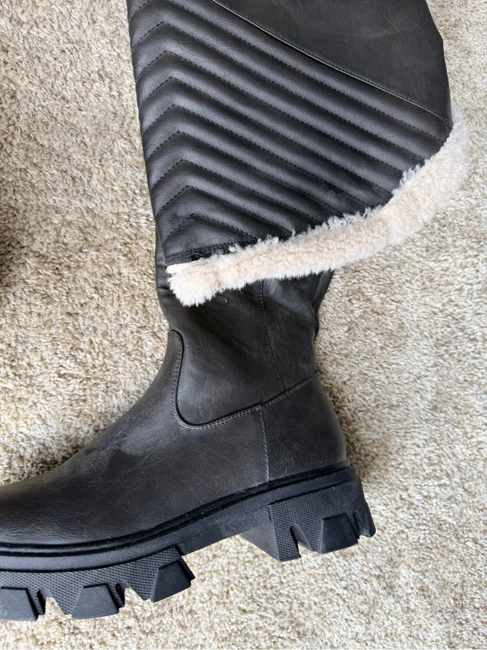 Fashion Nova Black Over-the-Knee Lug Sole Boots with Shearling Cuff